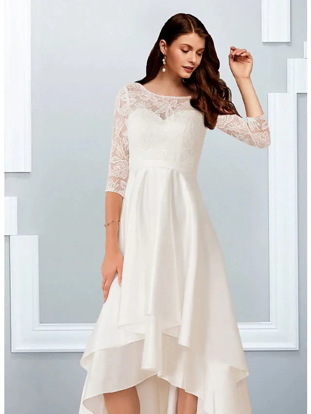Bachelorette Party Little White Dresses Wedding Dresses Asymmetrical A-Line Half Sleeve Illusion Neck Chiffon With Cascading