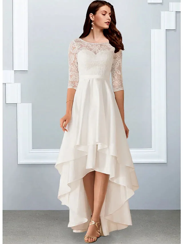 Bachelorette Party Little White Dresses Wedding Dresses Asymmetrical A-Line Half Sleeve Illusion Neck Chiffon With Cascading