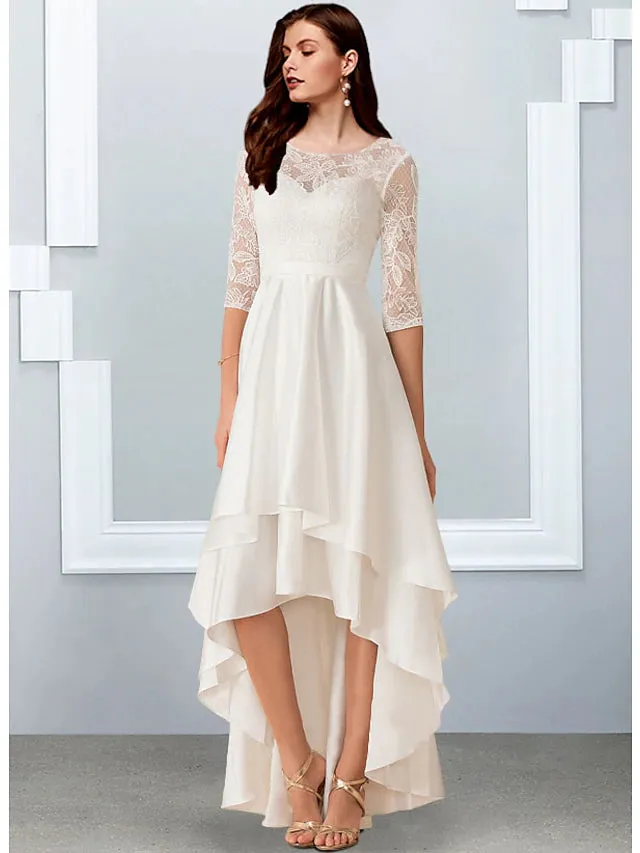 Bachelorette Party Little White Dresses Wedding Dresses Asymmetrical A-Line Half Sleeve Illusion Neck Chiffon With Cascading