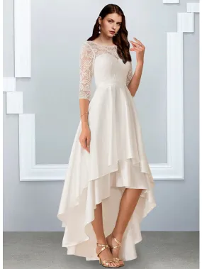 Bachelorette Party Little White Dresses Wedding Dresses Asymmetrical A-Line Half Sleeve Illusion Neck Chiffon With Cascading