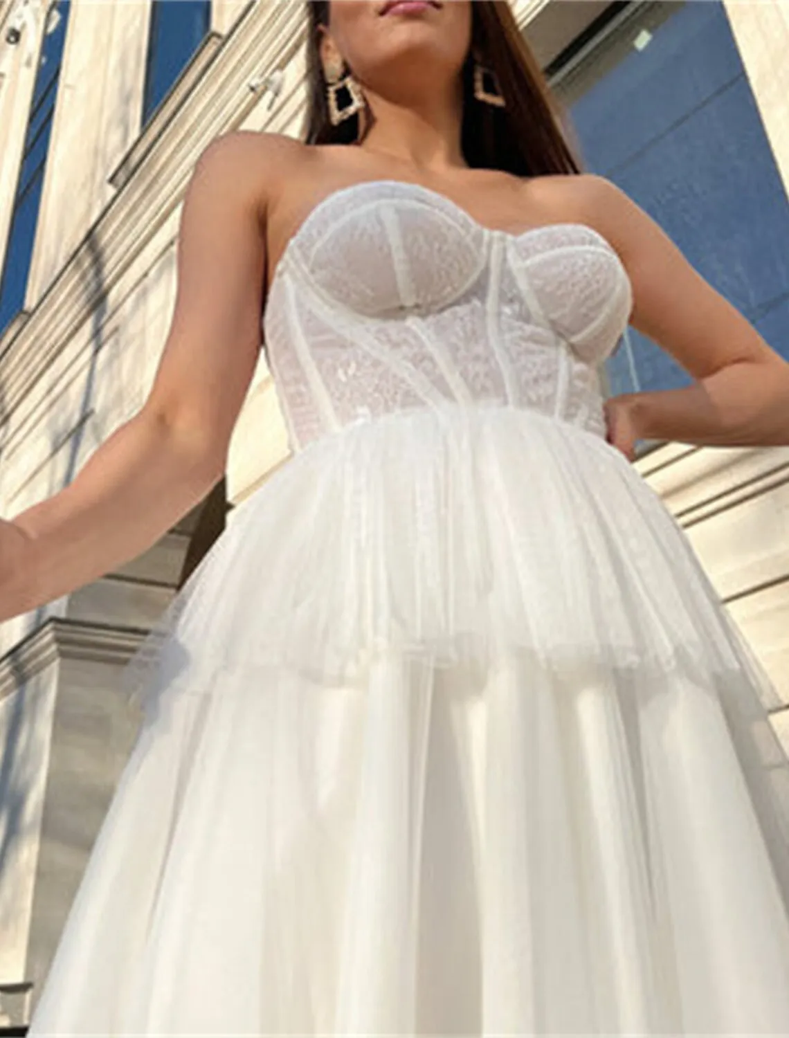 Bachelorette Party Tiered Plisse Little White Dresses Wedding Dresses A-Line Sweetheart Strapless Tea Length Satin Bridal Gowns With Appliques Solid Color