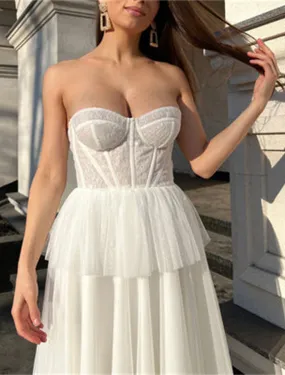Bachelorette Party Tiered Plisse Little White Dresses Wedding Dresses A-Line Sweetheart Strapless Tea Length Satin Bridal Gowns With Appliques Solid Color