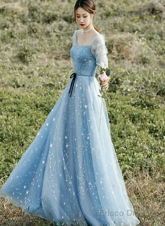 Beautiful Blue Short Sleeves A-Line Beaded Tulle Party Dress Prom Dresses, Blue Evening Dresses