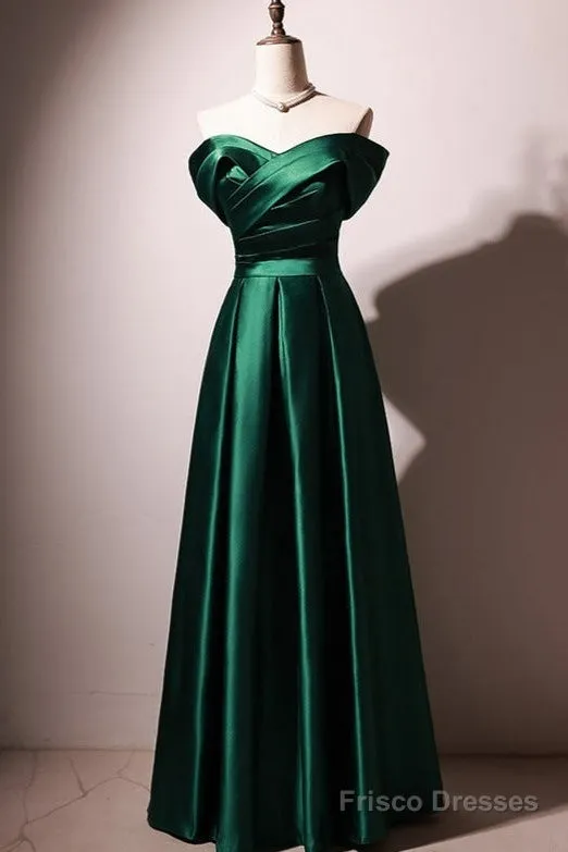 Beautiful Green Satin A-Line Off Shoulder Prom Dresses, Green Evening Dress Party Dresses