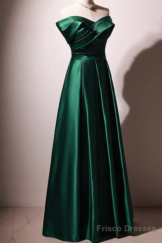 Beautiful Green Satin A-Line Off Shoulder Prom Dresses, Green Evening Dress Party Dresses