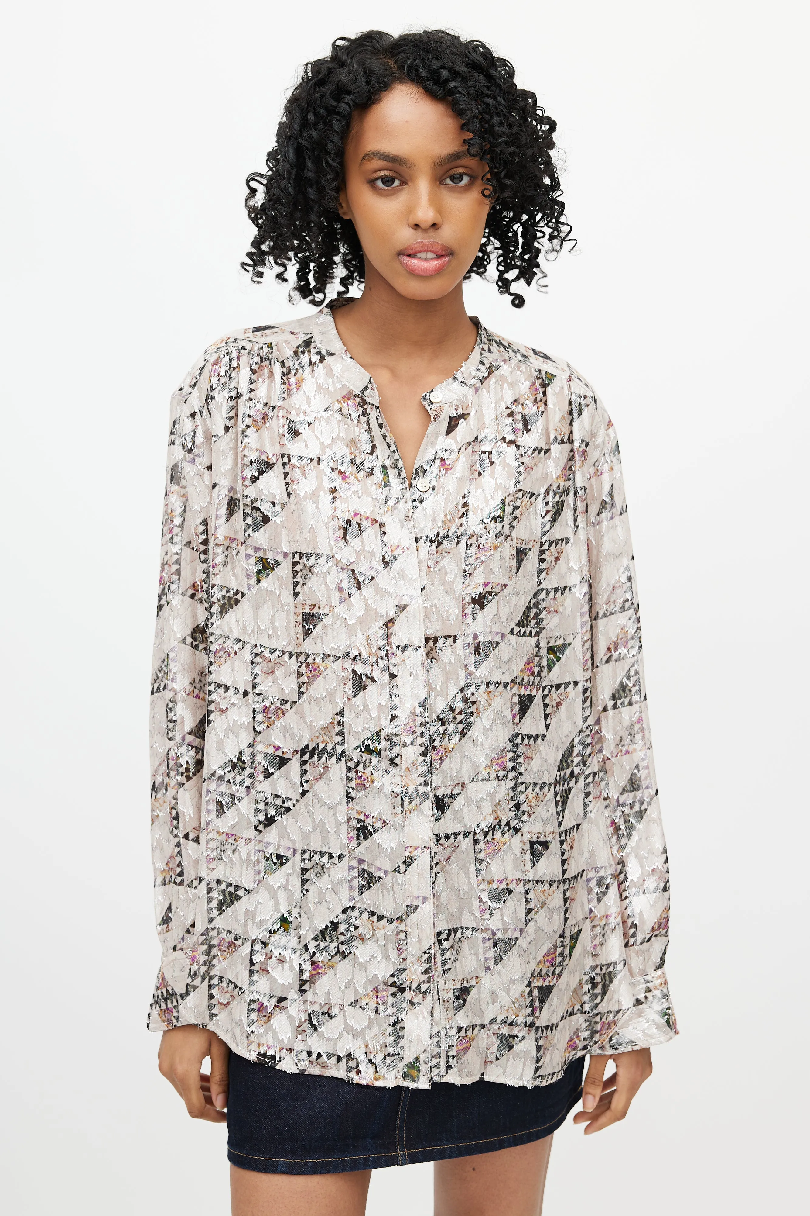 Beige & Multicolour Geometric Silk Shirt
