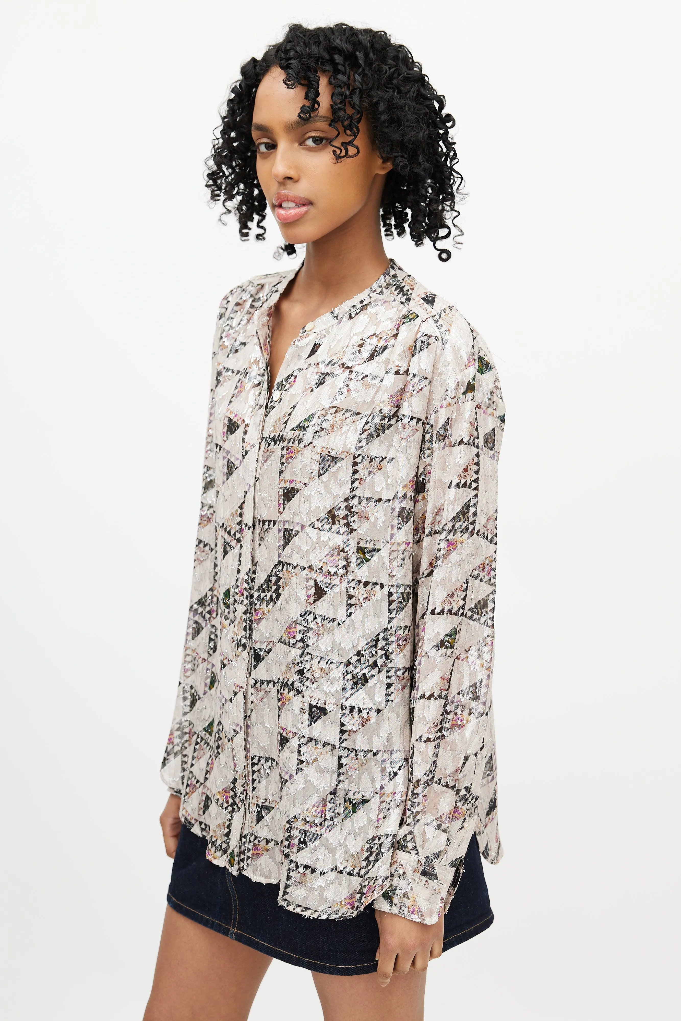 Beige & Multicolour Geometric Silk Shirt