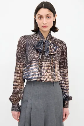 Beige & Navy Silk Printed Tie Neck Shirt