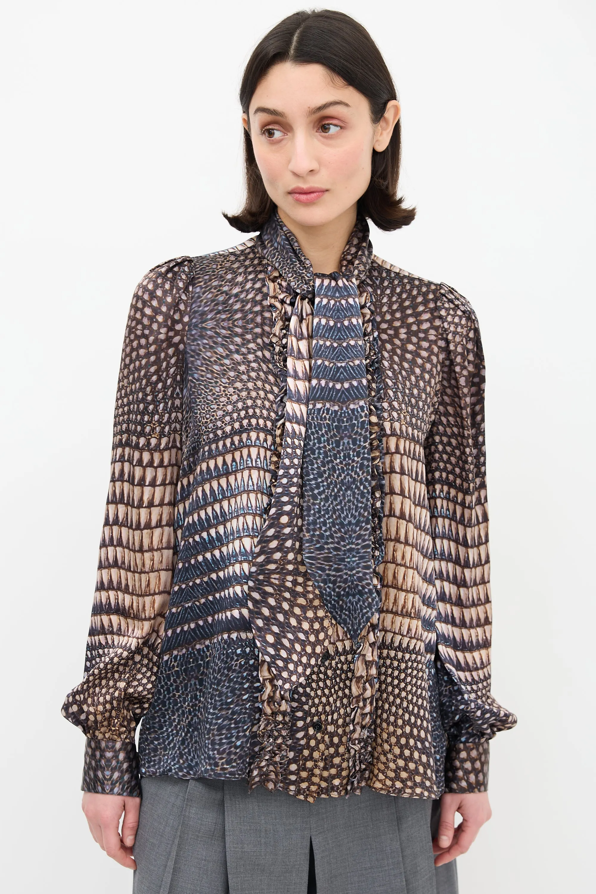 Beige & Navy Silk Printed Tie Neck Shirt