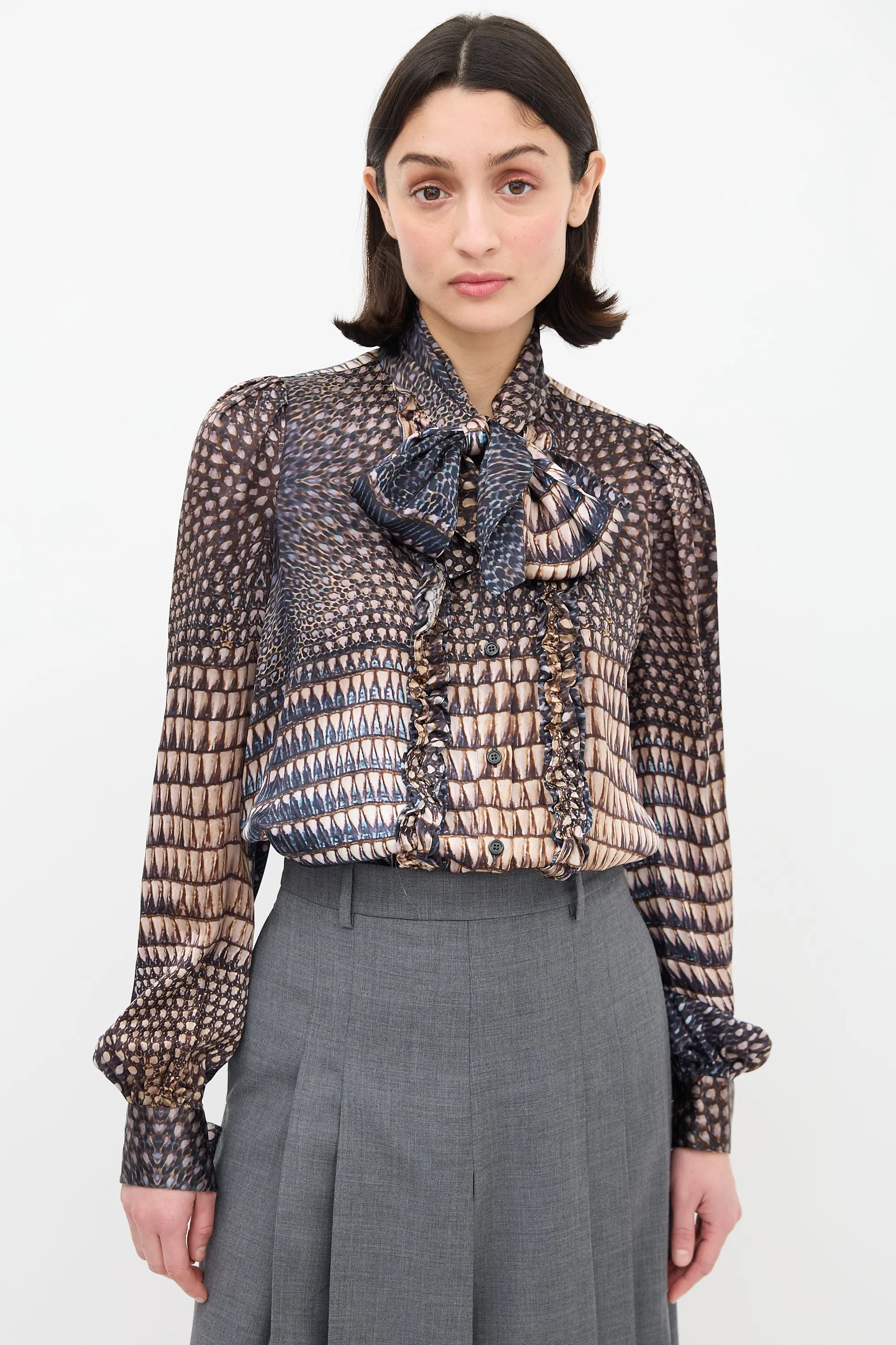 Beige & Navy Silk Printed Tie Neck Shirt