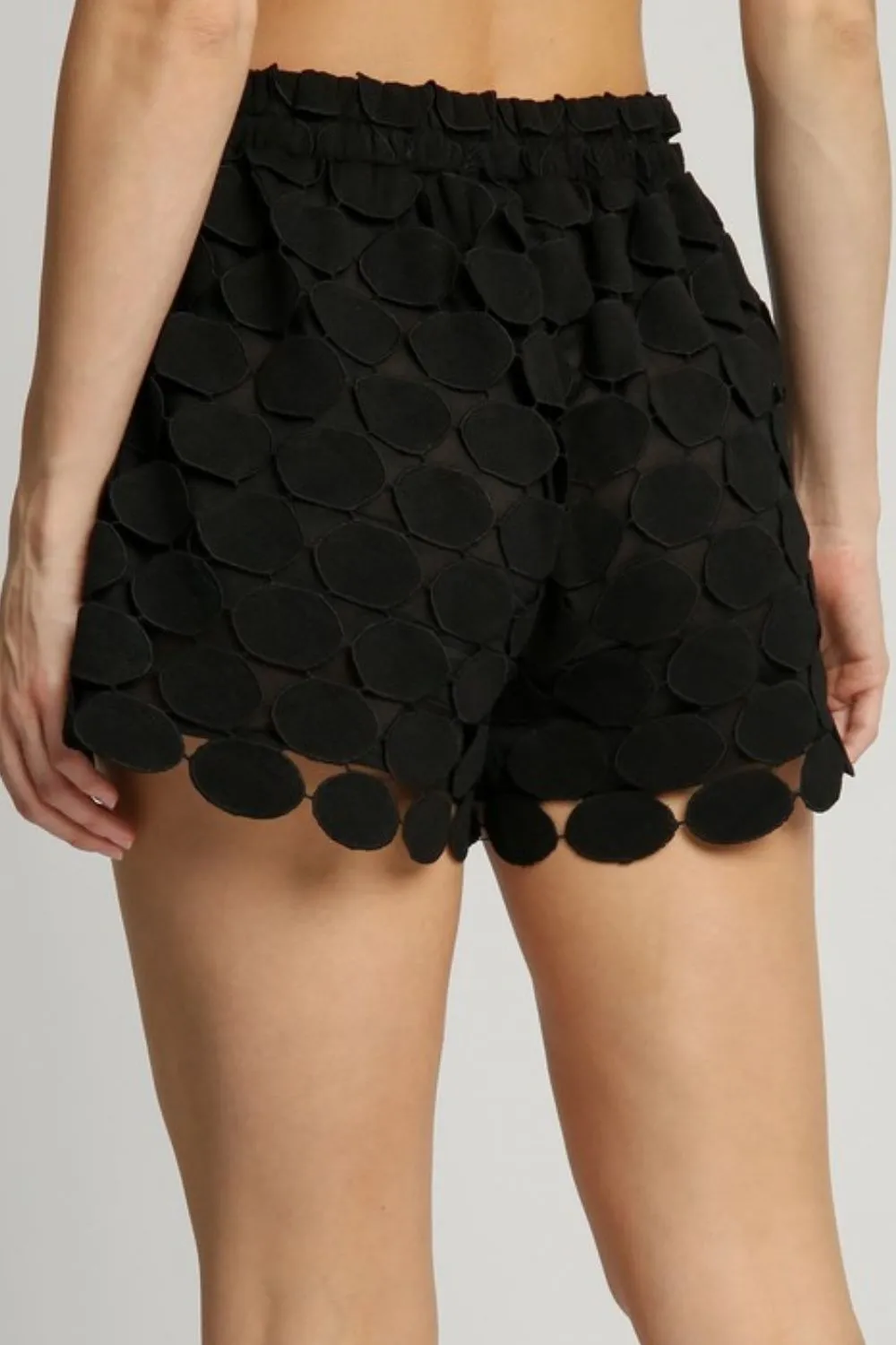 Black Polka Dot Lace Shorts – High-Waisted Textured Statement Shorts