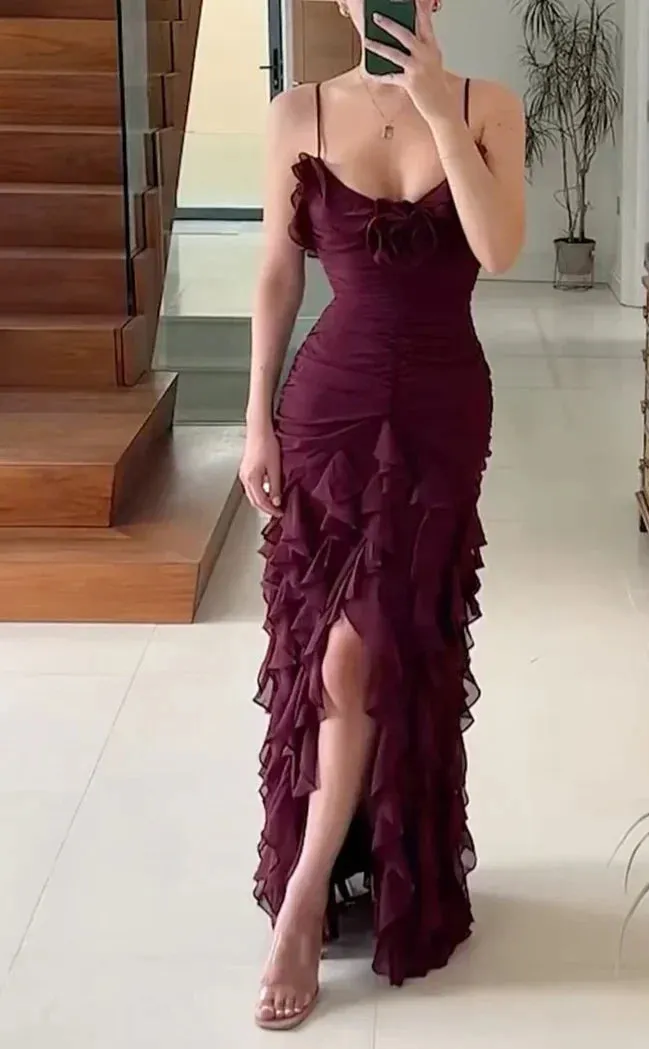 Elegant Gowns Evening Dresses Spaghetti Straps Chiffon Ruffle Evening Party Dress