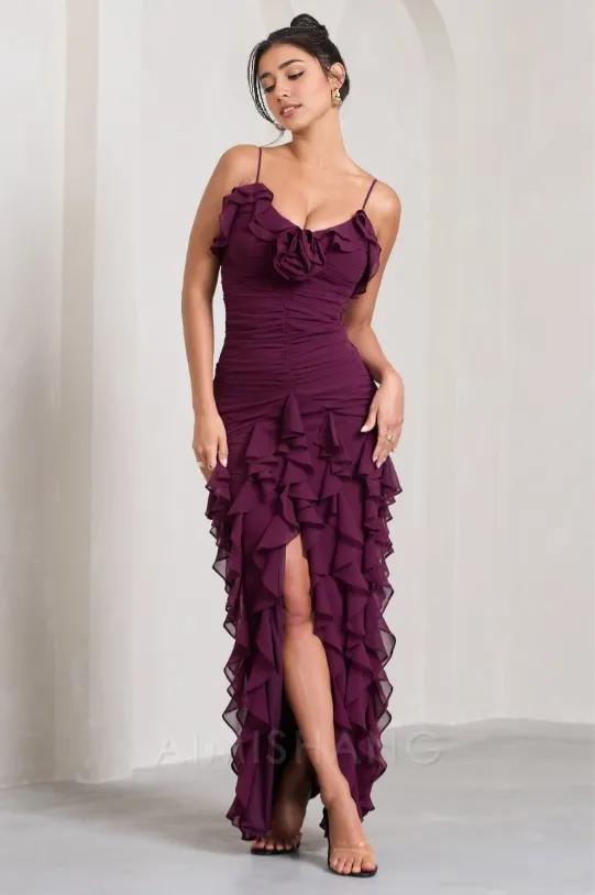 Elegant Gowns Evening Dresses Spaghetti Straps Chiffon Ruffle Evening Party Dress