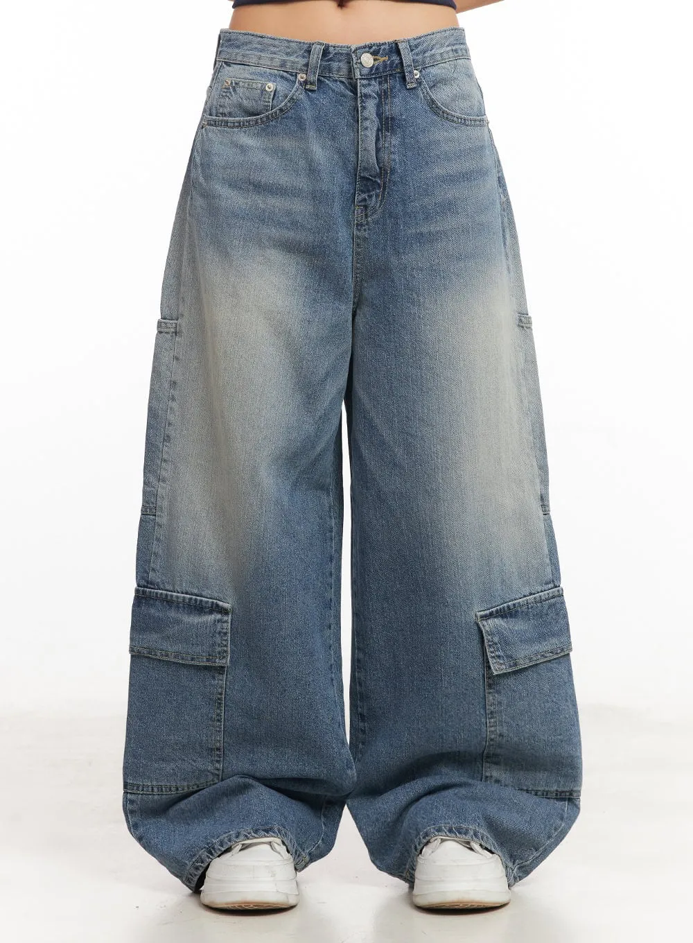 Heather Cargo Washed Wide-Leg Jeans IM528