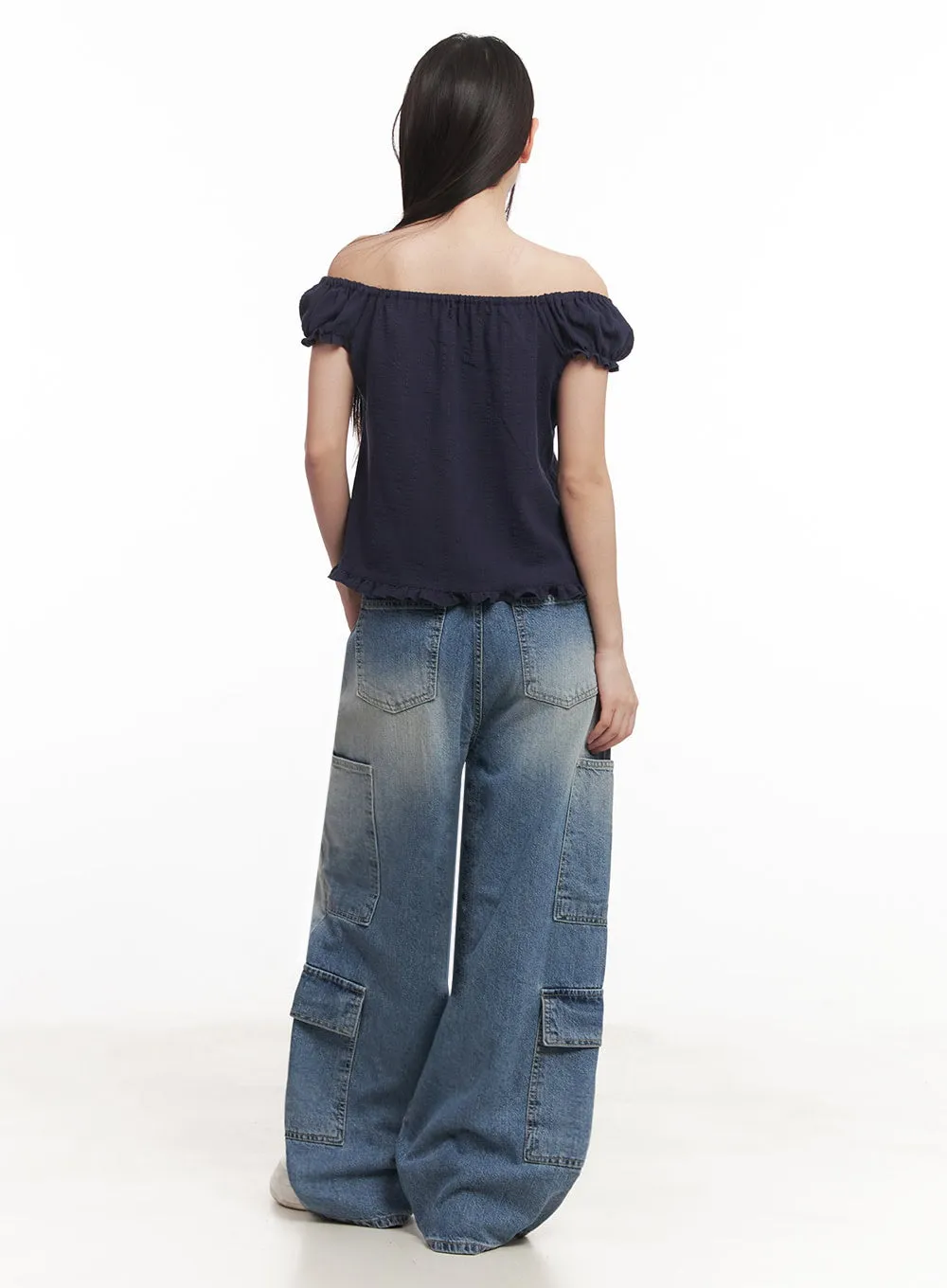 Heather Cargo Washed Wide-Leg Jeans IM528