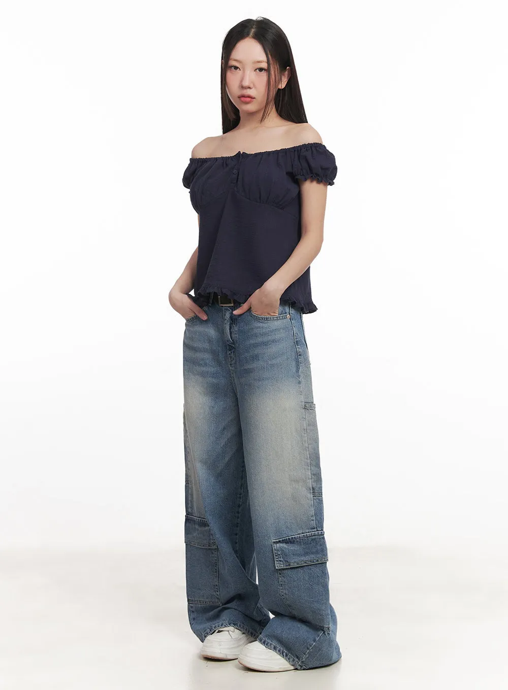 Heather Cargo Washed Wide-Leg Jeans IM528