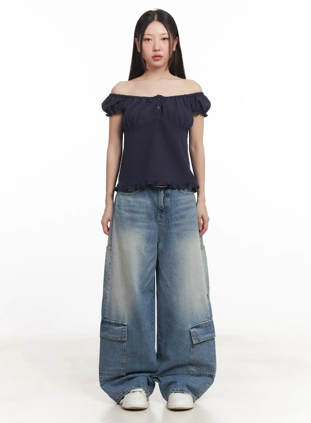 Heather Cargo Washed Wide-Leg Jeans IM528