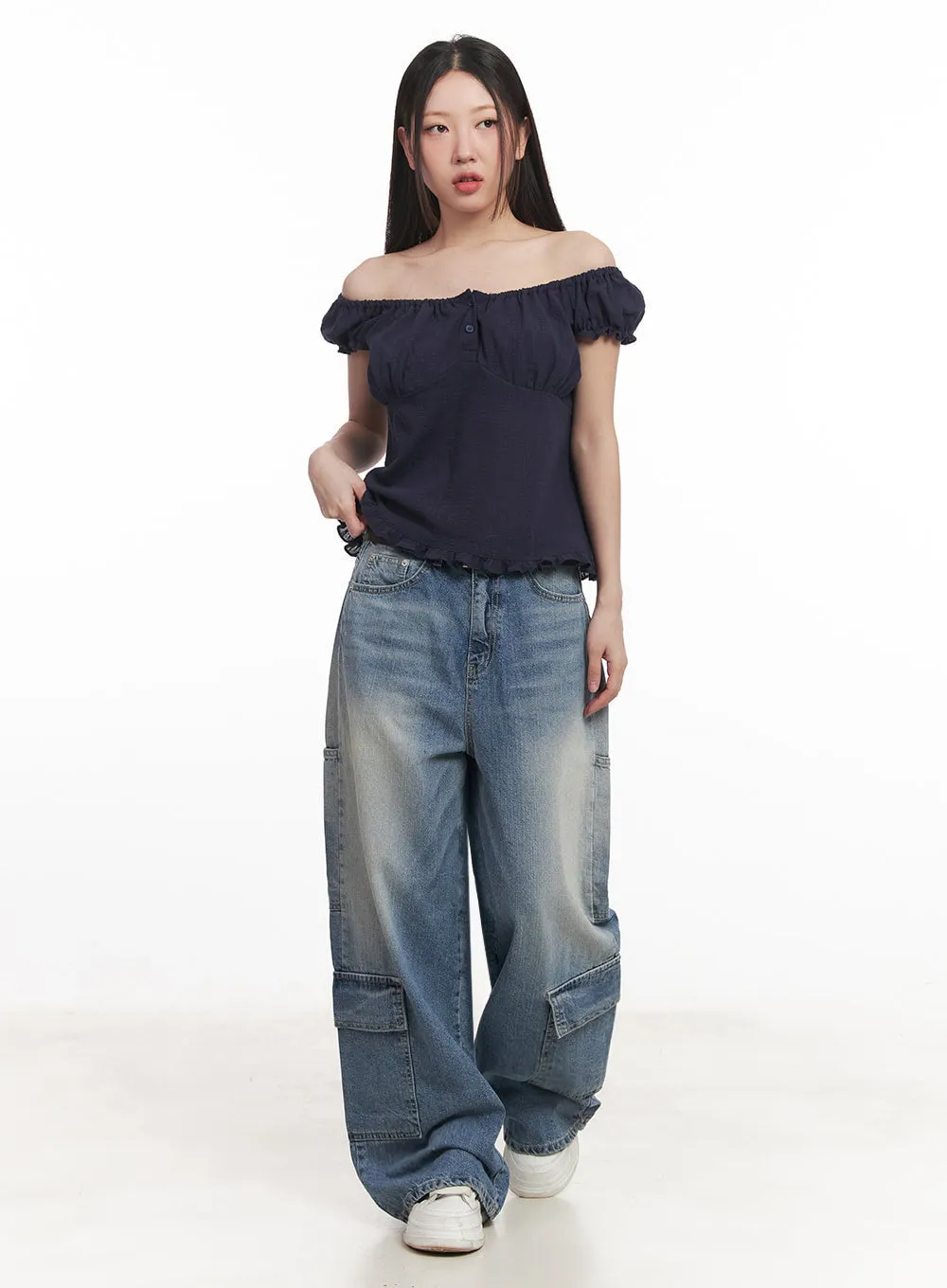 Heather Cargo Washed Wide-Leg Jeans IM528
