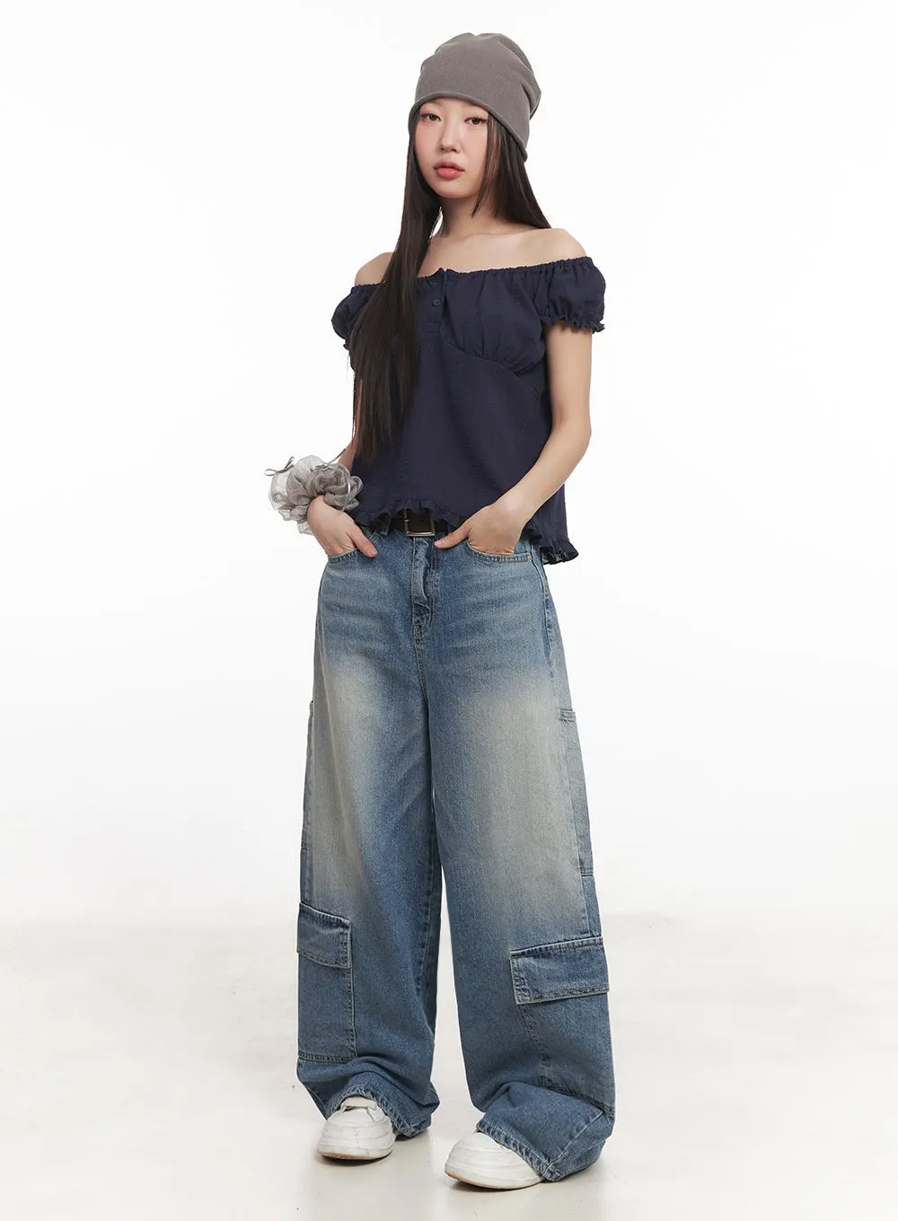 Heather Cargo Washed Wide-Leg Jeans IM528