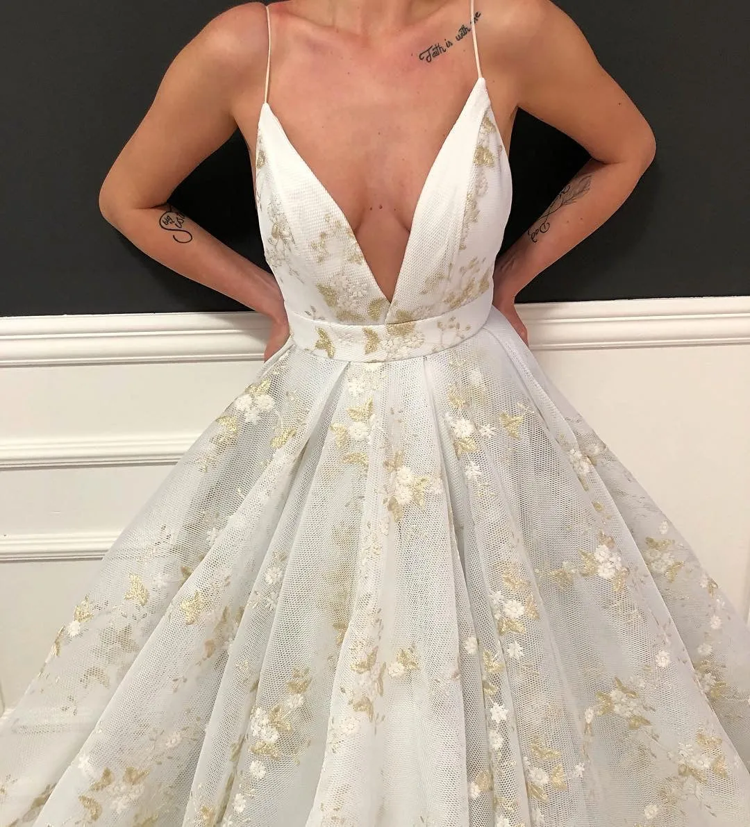 Journi Elegant V- Neck White  Evening Dress