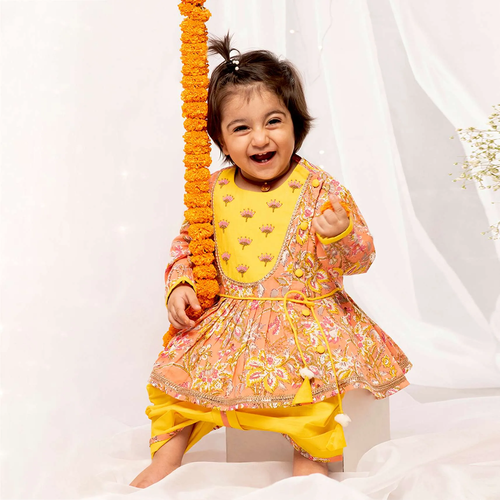 Kalki Girls Yellow Angrakha Set In Cotton With Floral Print And Bead Embroidery By Tiber Taber