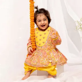 Kalki Girls Yellow Angrakha Set In Cotton With Floral Print And Bead Embroidery By Tiber Taber