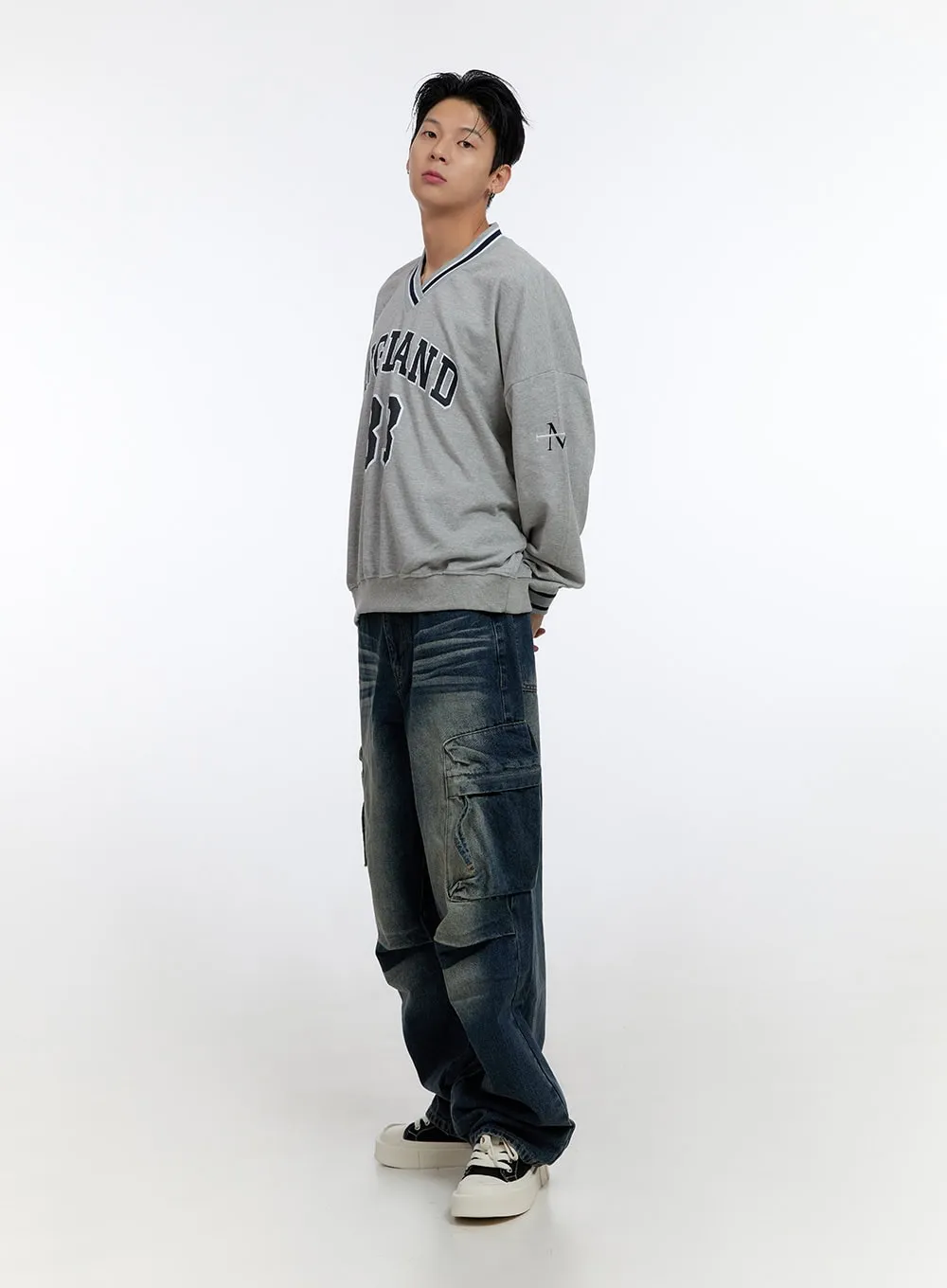 Men's Cargo Pocket Washed Denim Jeans IO428