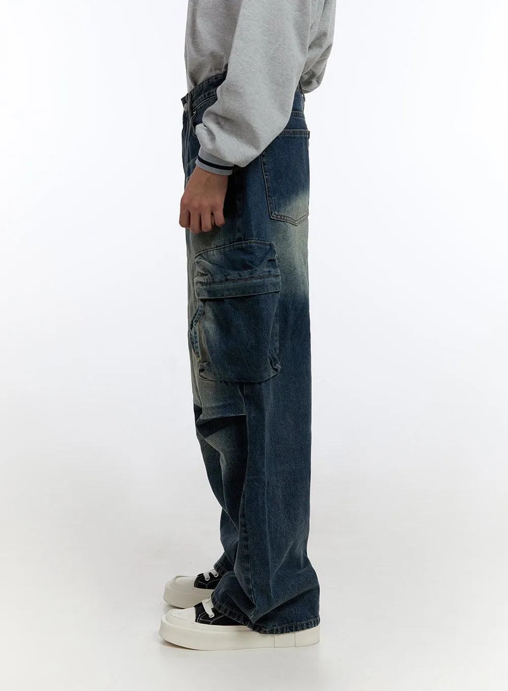 Men's Cargo Pocket Washed Denim Jeans IO428