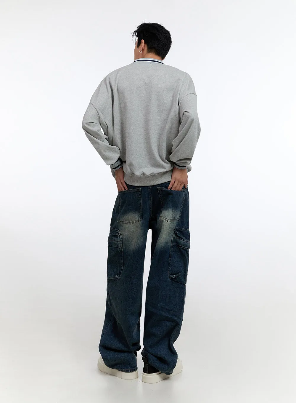 Men's Cargo Pocket Washed Denim Jeans IO428