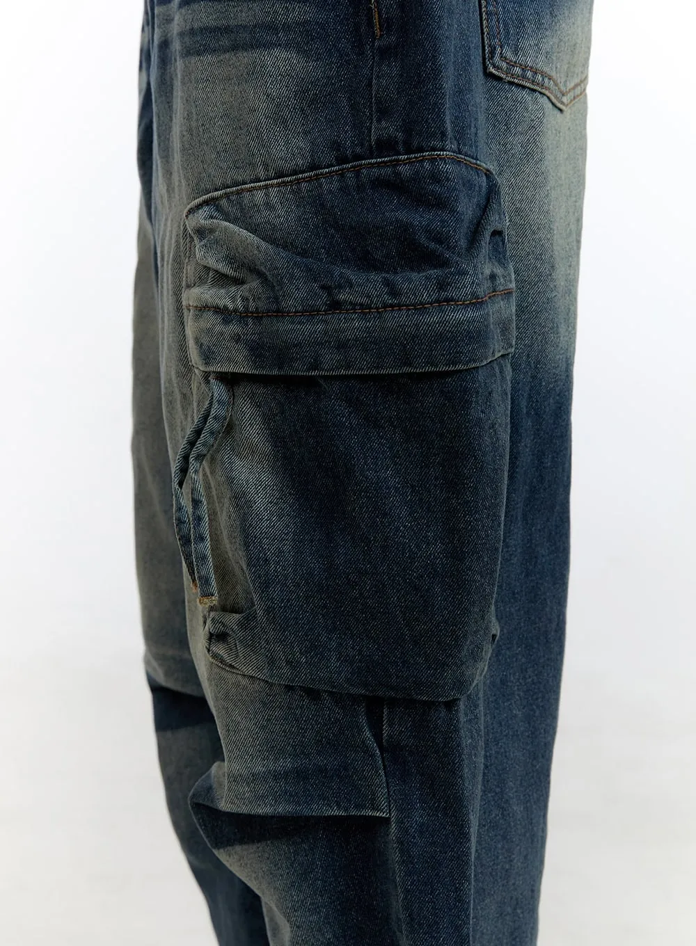 Men's Cargo Pocket Washed Denim Jeans IO428