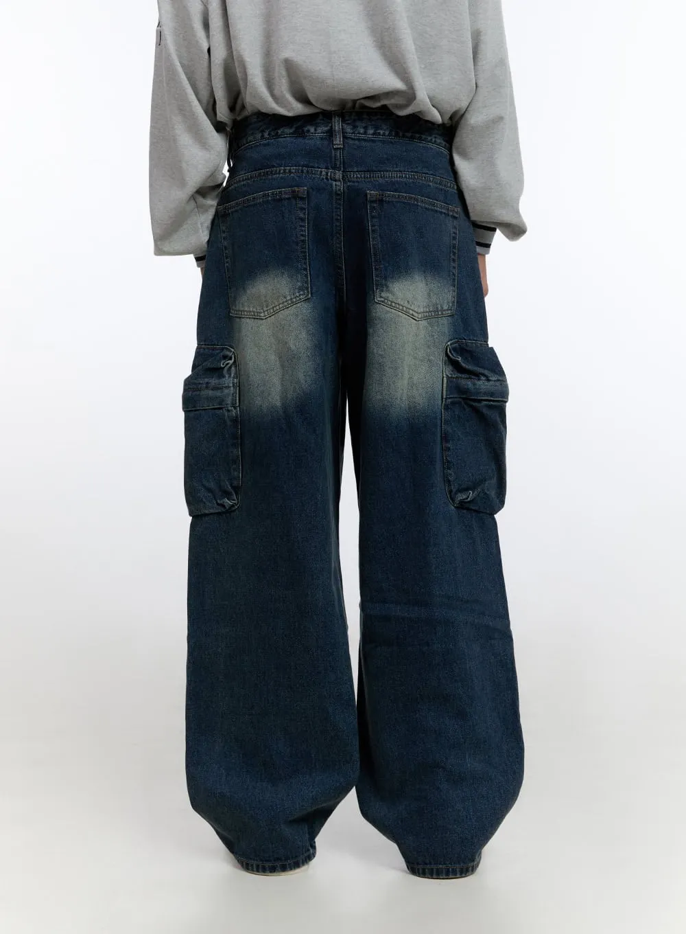 Men's Cargo Pocket Washed Denim Jeans IO428