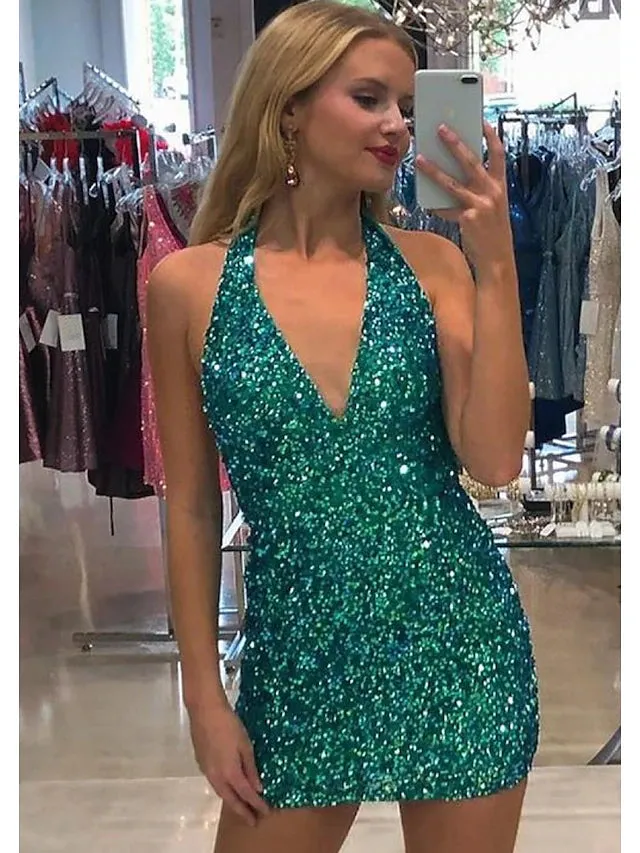 Mermaid / Trumpet Party Dresses Sexy Dress Cocktail Party Short / Mini Sleeveless V Neck Sequined Backless