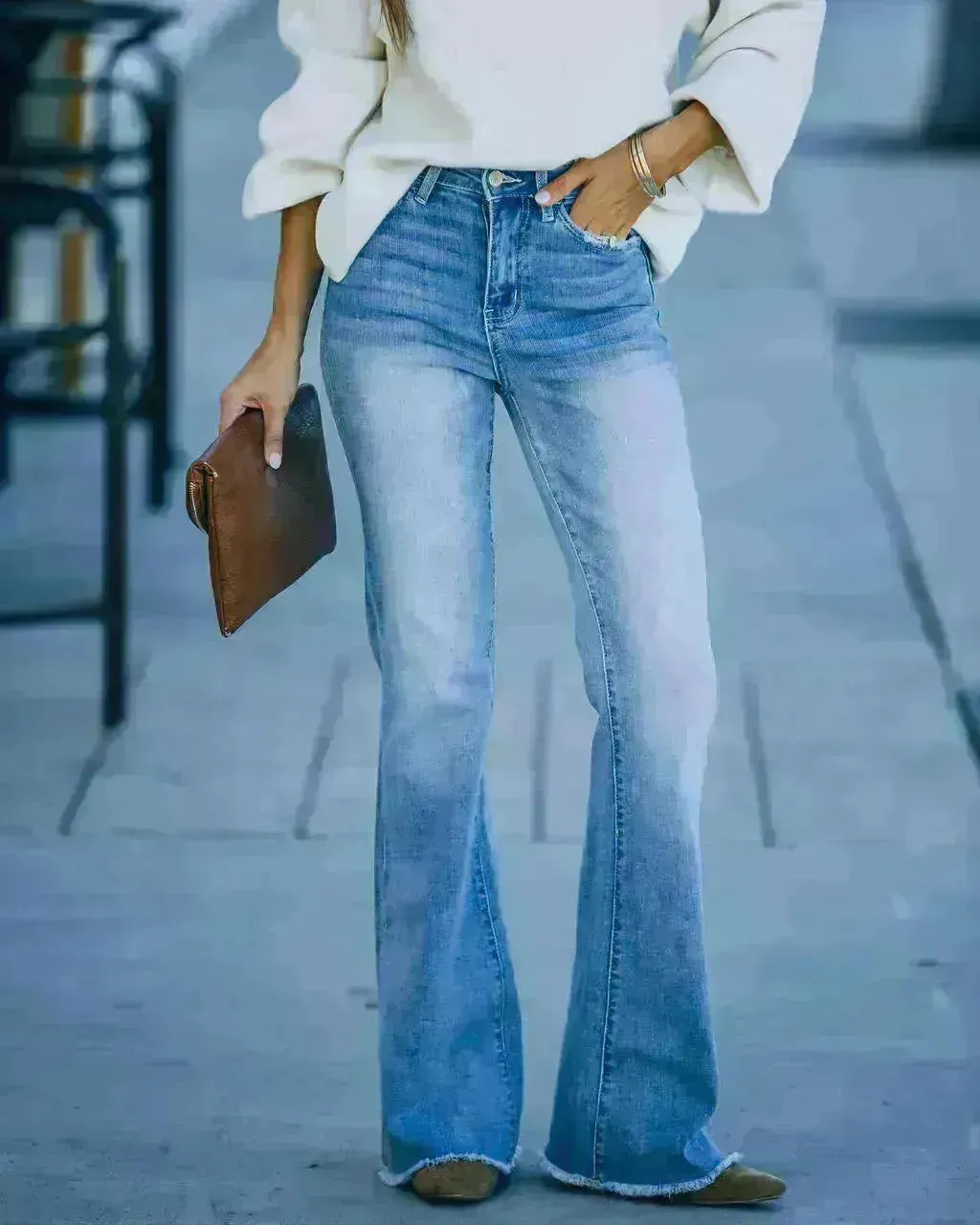Simple Slim-fit Washed Denim Trousers With Pockets For Women