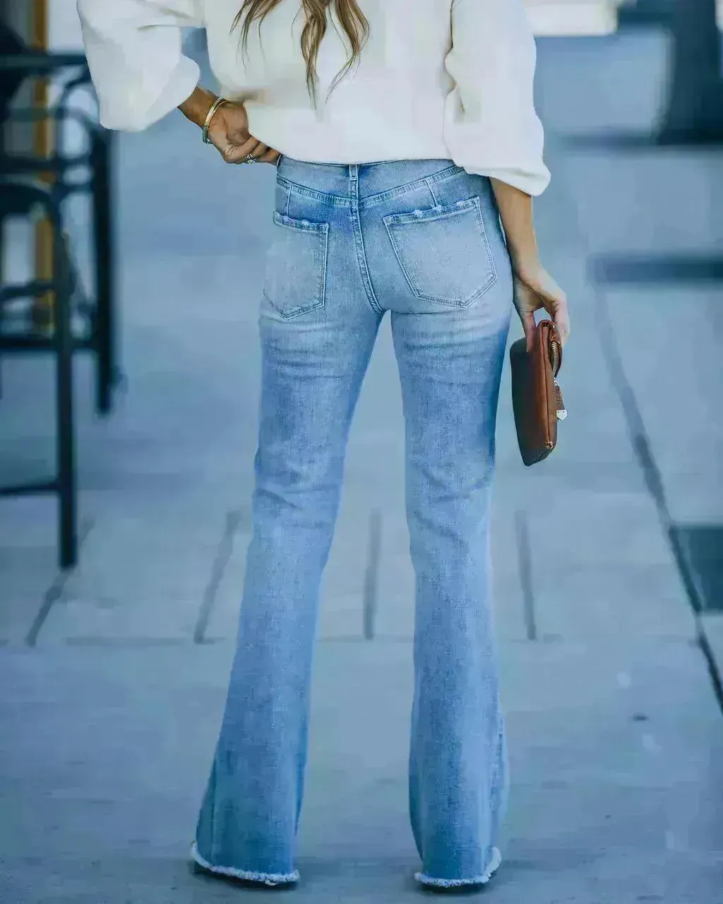 Simple Slim-fit Washed Denim Trousers With Pockets For Women