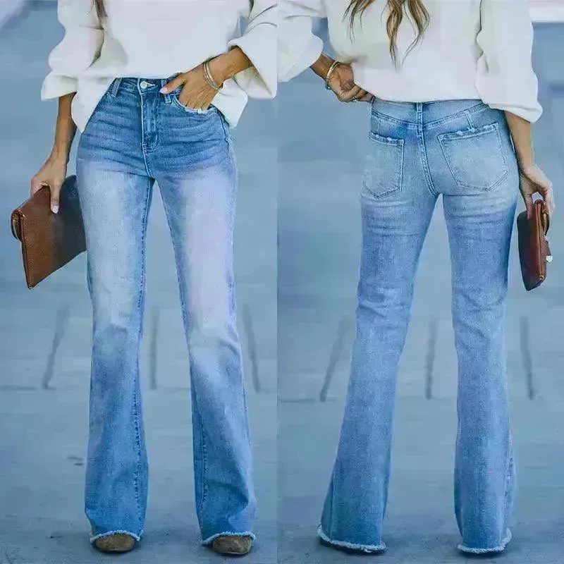 Simple Slim-fit Washed Denim Trousers With Pockets For Women