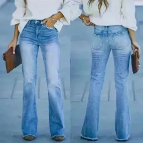 Simple Slim-fit Washed Denim Trousers With Pockets For Women
